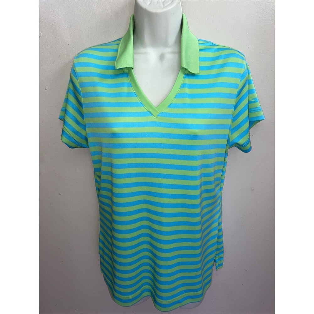 Slazenger V-neck Shirt Golf Collared Women Blue Green Stripe Short Sleeve Sz M